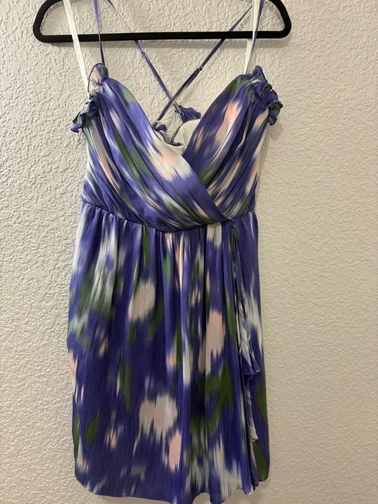 Purple Blue Abstract Print Dress | Flowy Fit & Flare Mini | 100% Silk | Size 8 - Picture 2 of 16
